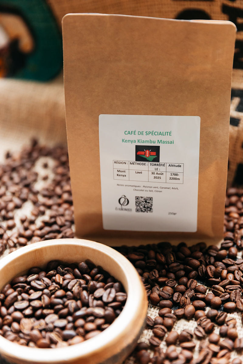 Kenya Kiambu Massai 500gr Notes aromatiques : Poivron vert, Caramel, Malt, Chocolat au lait, Citron