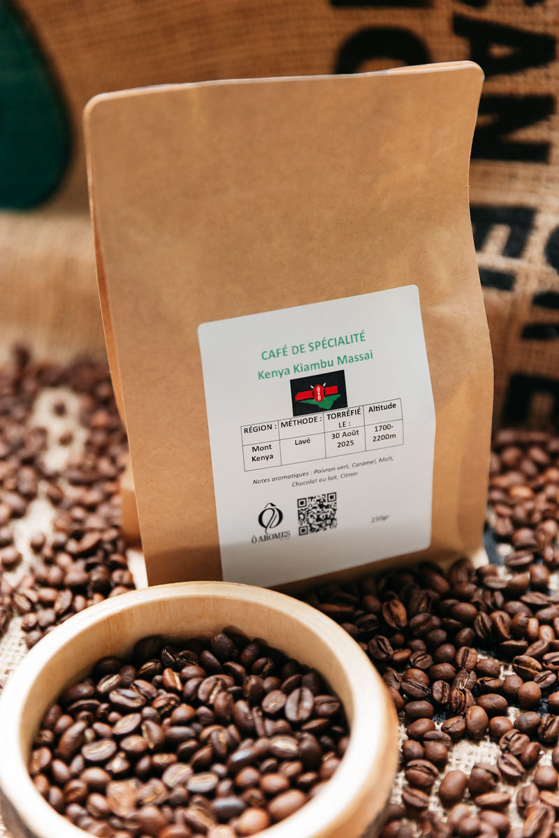 Kenya Kiambu Massai 500gr Notes aromatiques :  Poivron vert, Caramel, Malt, Chocolat au lait, Citron